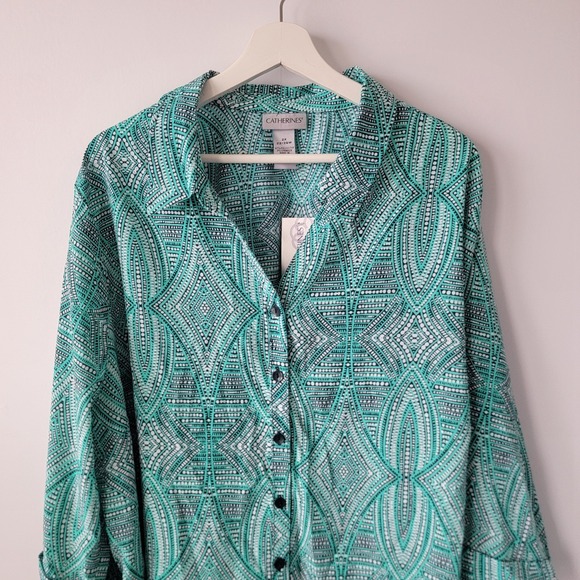 catherines women's geometric roll tab sleeve tunic top size 2X button up work - Picture 3 of 8